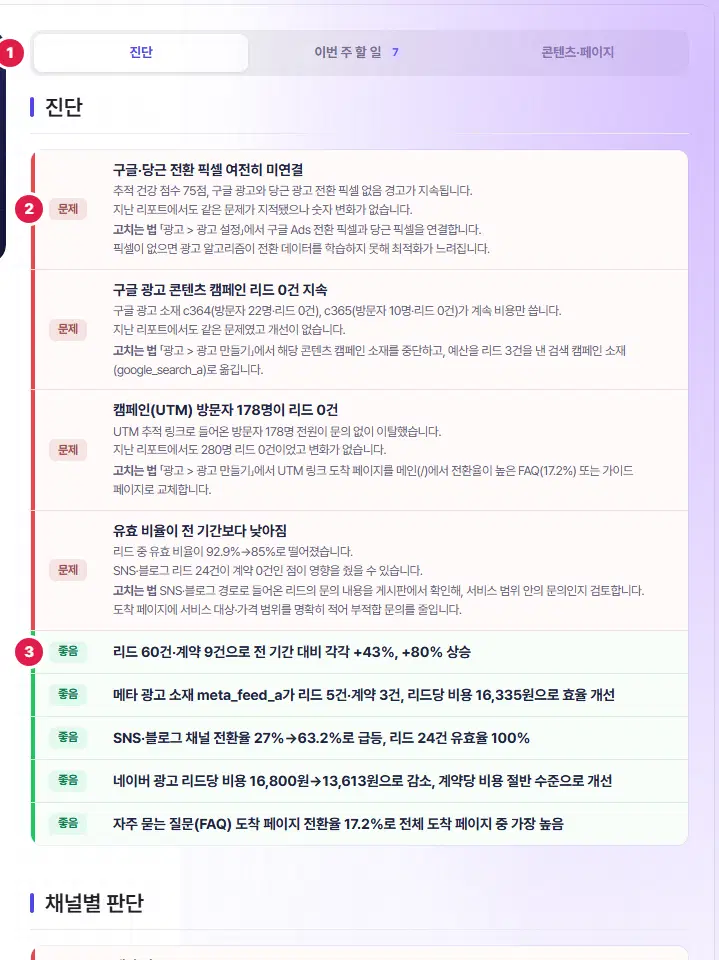 오른쪽 진단 탭. 1번은 진단·이번 주 할 일 7·콘텐츠·페이지 탭, 2번은 빨간 「문제」 카드(제목·까닭·고치는 법), 3번은 초록 「좋음」 카드입니다.