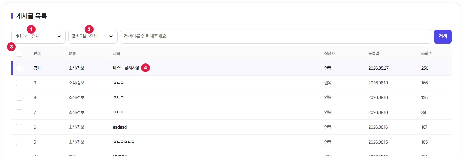 공지사항 게시판의 글 목록. 1번 카테고리 고르개, 2번 검색 구분 고르개, 3번 전체 선택 칸, 4번 첫 줄 글 제목입니다. 첫 줄은 번호 자리에 「공지」라고 적혀 있습니다.