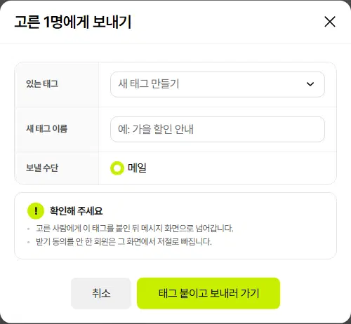 고른 1명에게 보내기 창. 있는 태그, 새 태그 이름, 보낼 수단(메일) 줄과 안내, 취소·태그 붙이고 보내러 가기 단추가 보입니다.