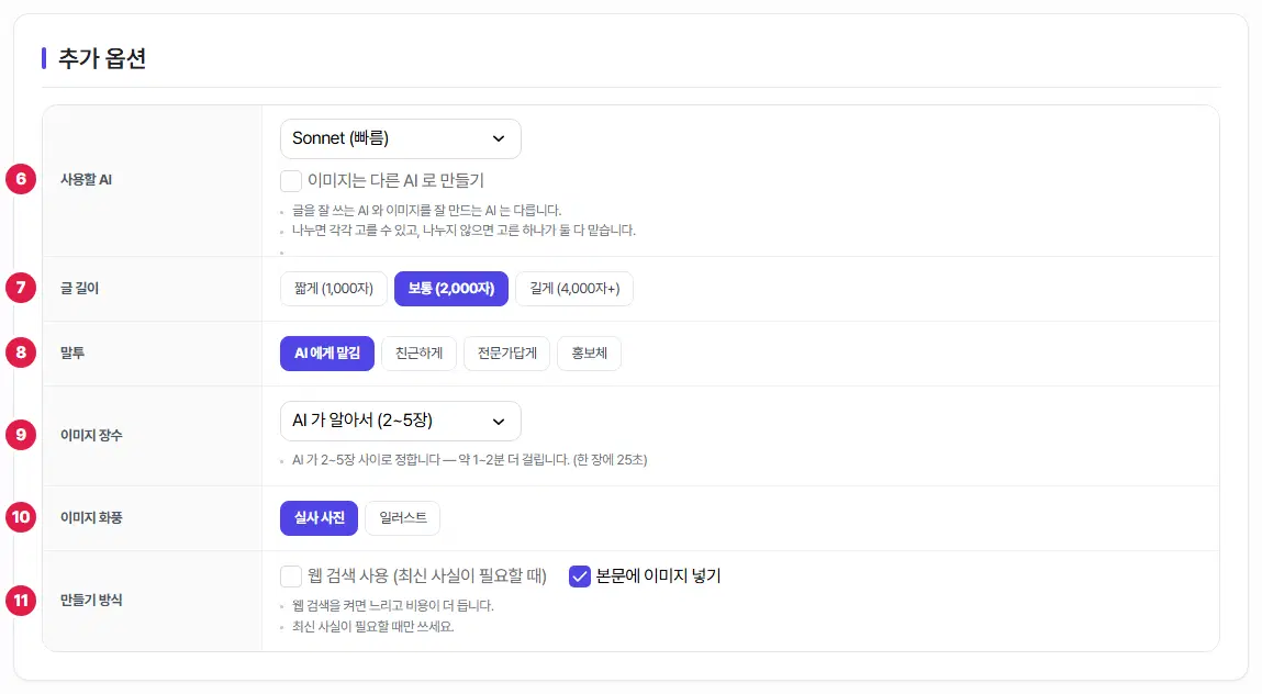 블로그 작성 화면의 추가 옵션. 1번 사용할 AI, 2번 글 길이, 3번 말투, 4번 이미지 장수, 5번 이미지 화풍, 6번 만들기 방식입니다.