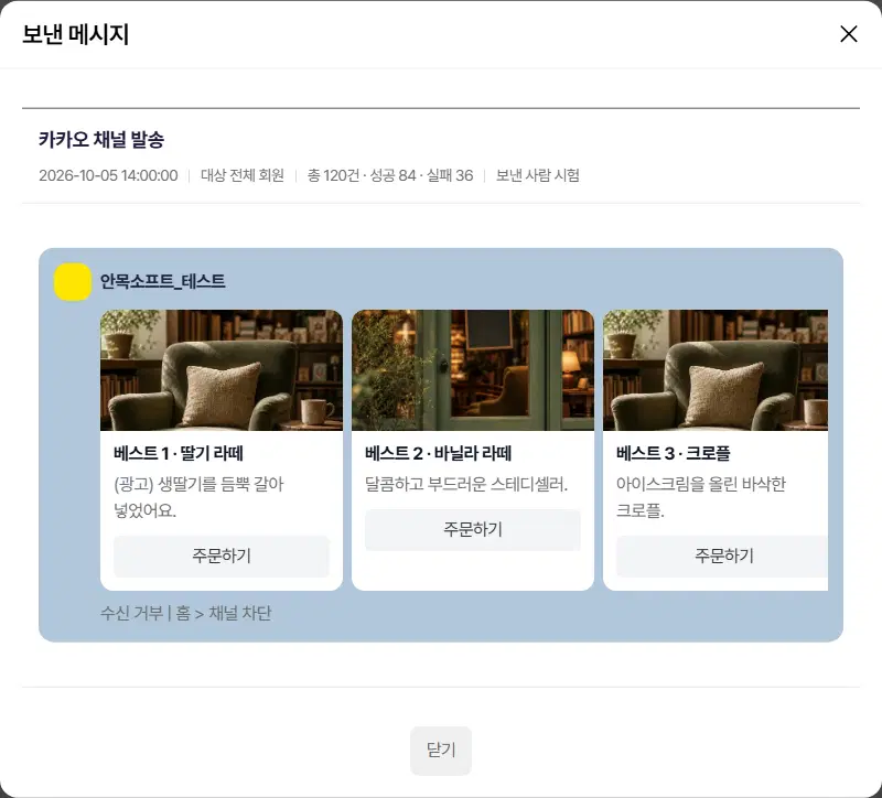 보낸 메시지 창. 카카오 채널 발송, 2026-10-05 14:00:00, 대상 전체 회원, 총 120건·성공 84·실패 36, 보낸 사람 정보와 함께 카드 세 장짜리 카카오 메시지 모습이 보입니다.