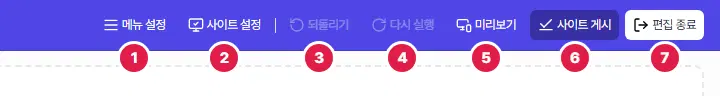 디자인 빌더 윗줄 오른쪽 단추 일곱 개. 1번 메뉴 설정, 2번 사이트 설정, 3번 되돌리기, 4번 다시 실행, 5번 미리보기, 6번 사이트 게시, 7번 편집 종료입니다.