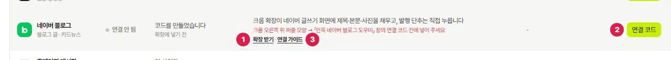 콘텐츠 설정 계정 연결 탭의 네이버 블로그 줄. 자동 발행 설명 아래에 확장 받기(1번)와 연결 가이드(3번) 링크가 있고, 오른쪽 관리 칸에 연결 코드 단추(2번)가 있습니다.