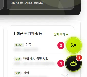 관리자 화면 오른쪽 아래. 1번은 검은 동그라미 안의 라임색 로봇 모양 AI 매니저 단추이고 오른쪽 위에 빨간 숫자 1이 붙어 있습니다. 2번은 그 위의 라임색 AI 성과 보고서 단추(검은 꺾은선 화살표 모양)입니다.