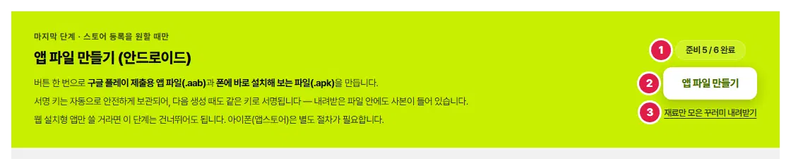 앱 파일 만들기(안드로이드) 구획. 준비 5/6 완료 표시 1번, 앱 파일 만들기 단추 2번, 재료만 모은 꾸러미 내려받기 3번입니다.