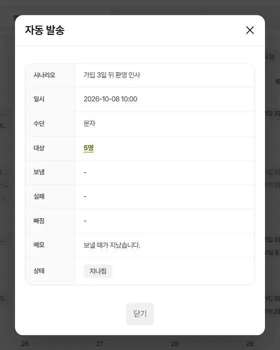 지나친 발송 자세히 창. 가입 3일 뒤 환영 인사, 2026-10-08 10:00, 문자, 대상 5명, 보냄·실패·빠짐 없음, 메모 「보낼 때가 지났습니다.」, 상태 지나침입니다.