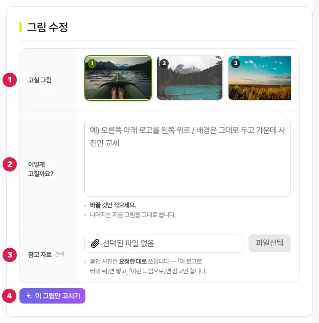 그림 수정 탭. 1번 고칠 그림(본문 그림 번호), 2번 어떻게 고칠까요 칸, 3번 참고 자료, 4번 이 그림만 고치기 단추입니다.