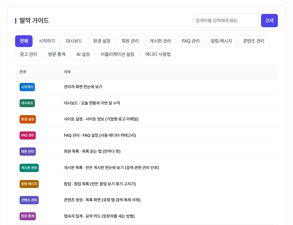 딸깍 가이드 목록. 위에 검색 칸, 분류 단추(전체·시작하기·대시보드·환경 설정 등), 아래 분류·제목 표가 있습니다.