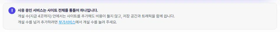 목록 위 안내 상자. 사용 중인 서비스는 사이트 전체를 통틀어 하나라는 설명과 부가서비스 링크가 있습니다.
