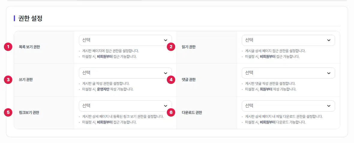 권한 설정 탭. 목록 보기 권한, 읽기 권한, 쓰기 권한, 댓글 권한, 링크보기 권한, 다운로드 권한 여섯 칸에 1번부터 6번까지 번호가 있습니다. 모든 칸이 「선택」 상태입니다.