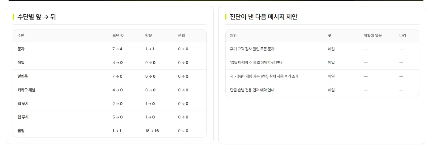 왼쪽 수단별 앞 → 뒤 표(문자·메일·알림톡·카카오 채널·앱 푸시·웹 푸시·팝업마다 보낸 것·방문·문의), 오른쪽 진단이 낸 다음 메시지 제안 표(제안·곳·계획에 넣음·나감)입니다.
