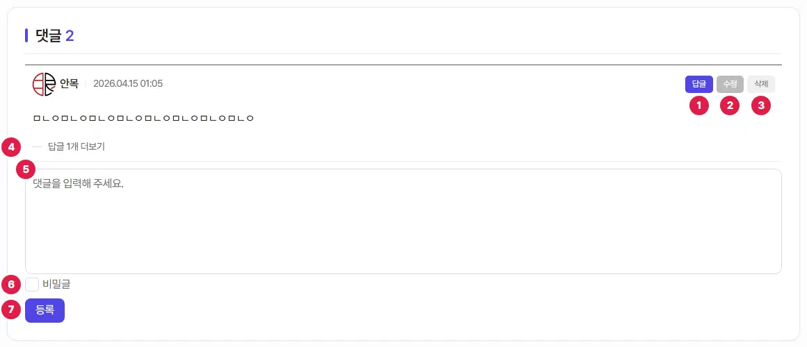 댓글 칸. 댓글 한 개 오른쪽에 1번 답글, 2번 수정, 3번 삭제 단추, 4번 답글 1개 더보기, 5번 댓글 입력칸, 6번 비밀글 체크, 7번 등록 단추가 있습니다.