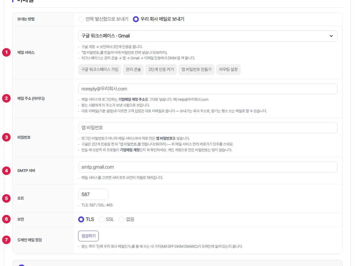 우리 회사 메일로 보내기를 고른 모습. 메일 서비스 1번, 메일 주소(아이디) 2번, 비밀번호 3번, SMTP 서버 4번, 포트 5번, 보안 6번, 도메인 메일 점검 7번입니다.