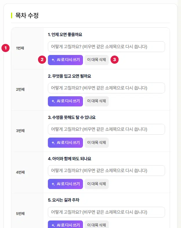 목차 수정 탭. 1번째·2번째처럼 대목마다 소제목과 고칠 내용 칸이 있고, 1번 대목 줄, 2번 AI 로 다시 쓰기, 3번 이 대목 삭제 단추입니다.