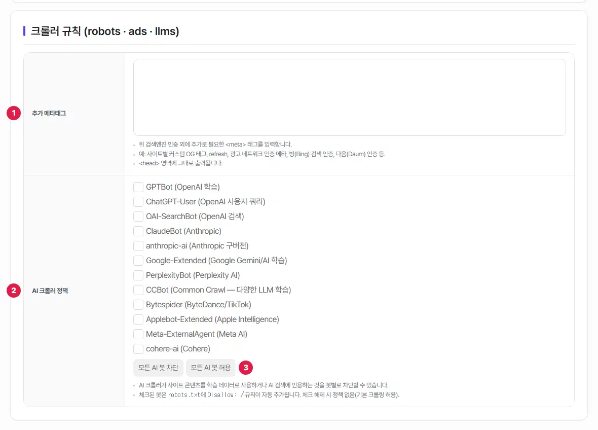 크롤러 규칙 표의 위쪽. 추가 메타태그 입력 칸에 1번, AI 크롤러 정책의 봇 열두 개 체크 목록에 2번, 모든 AI 봇 차단·모든 AI 봇 허용 단추에 3번이 붙어 있습니다. 체크된 봇은 없습니다.
