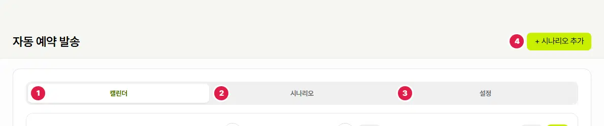 자동 예약 발송 화면 위쪽. 캘린더 1번(골라진 탭), 시나리오 2번, 설정 3번 탭이 있고 오른쪽 위에 + 시나리오 추가 4번 단추가 있습니다.