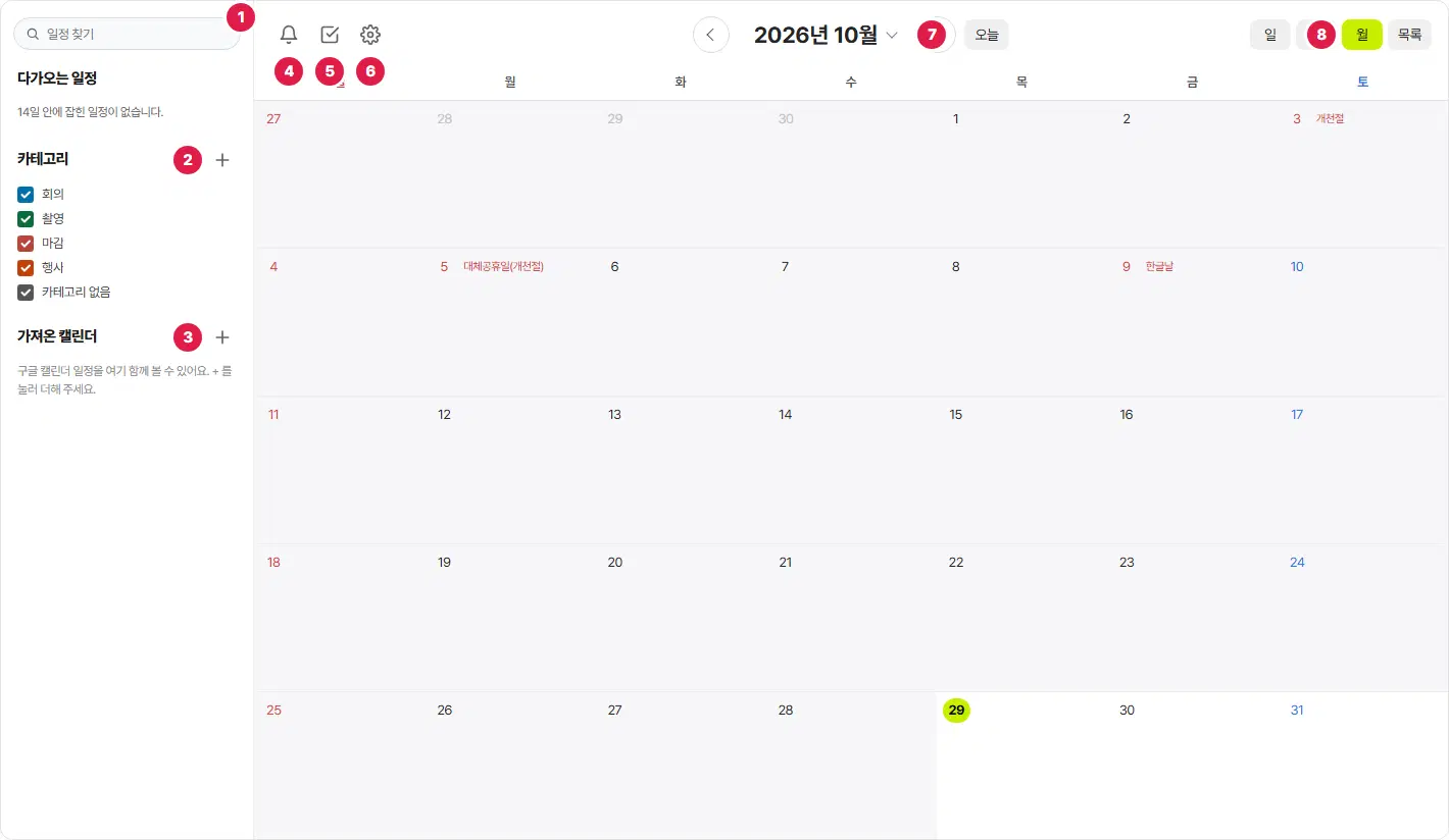 일정 캘린더 화면. 왼쪽에 1번 일정 찾기, 다가오는 일정, 2번 카테고리 더하기, 3번 가져온 캘린더 더하기가 있고, 위쪽에 4번 일정 알림 종, 5번 할 일, 6번 설정 톱니, 7번 달 제목, 8번 일·주·월·목록 보기 단추가 있습니다.