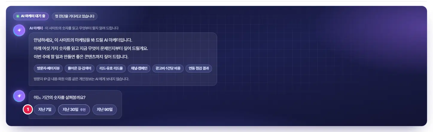 진단 만들기 대화. AI 마케터 소개와 숫자 여섯 가지, 「방문자 IP·글 내용·회원 이름 같은 개인정보는 AI 에게 보내지 않습니다」 안내, 「어느 기간의 숫자를 살펴볼까요?」 물음과 1번 지난 7일·지난 30일(추천)·지난 90일 단추입니다.