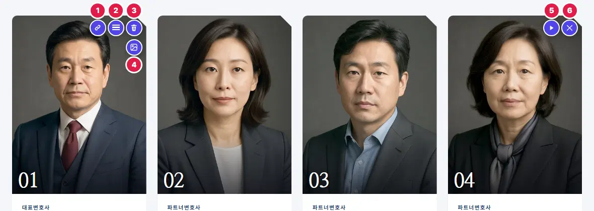 구성원 카드 위에 뜬 둥근 단추들. 첫 카드 위 1번 링크, 2번 순서 이동, 3번 삭제, 4번 이미지 설정 단추, 목록 오른쪽 위 5번 모션 설정, 6번 이 영역 숨기기 단추입니다.