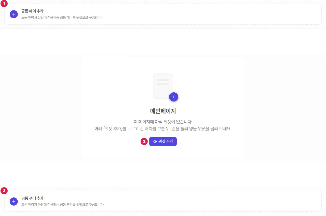 빈 메인페이지의 편집 화면. 1번 공통 헤더 추가, 2번 가운데 위젯 추가 단추, 3번 공통 푸터 추가입니다.