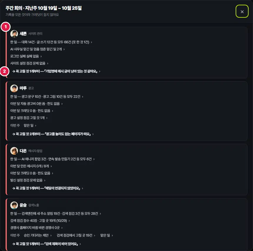 주간 회의 · 지난주 10월 19일 ~ 10월 25일 창. 직원마다 한 장 — 1번 새론 카드(한 일, 숫자 줄들), 2번 「→ 꼭 고칠 것 1개부터」 제안 한 줄. 아래로 마루·다온·윤슬 카드가 이어집니다.