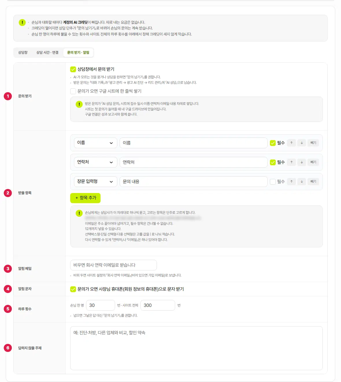 문의 받기 · 알림 칸. 1번 문의 받기(상담창에서 문의 받기, 구글 시트에 쌓기), 2번 받을 항목(이름·연락처·문의 내용 세 줄과 항목 추가 단추), 3번 알림 메일, 4번 알림 문자, 5번 하루 횟수(손님 한 명 30번 · 사이트 전체 300번), 6번 답하지 않을 주제 줄에 번호가 있습니다.