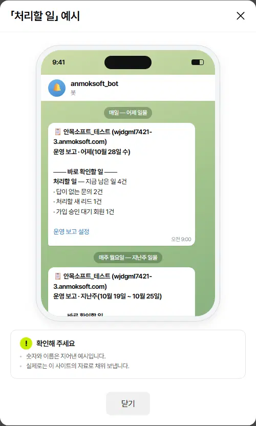 「처리할 일」 예시 창. 휴대폰 모양 안에 텔레그램 봇이 보낸 운영 보고(어제 일·지난주 일)가 보이고 아래에 숫자와 이름은 지어낸 예시라는 안내가 있습니다.