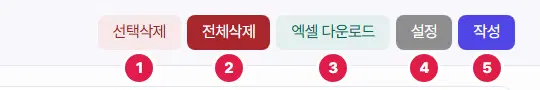 글 목록 화면 오른쪽 위 단추. 1번 선택삭제, 2번 전체삭제, 3번 엑셀 다운로드, 4번 설정, 5번 작성입니다.