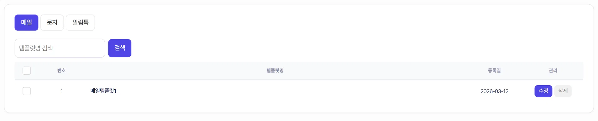 발송 템플릿 관리 화면. 메일·문자·알림톡 탭이 있습니다.