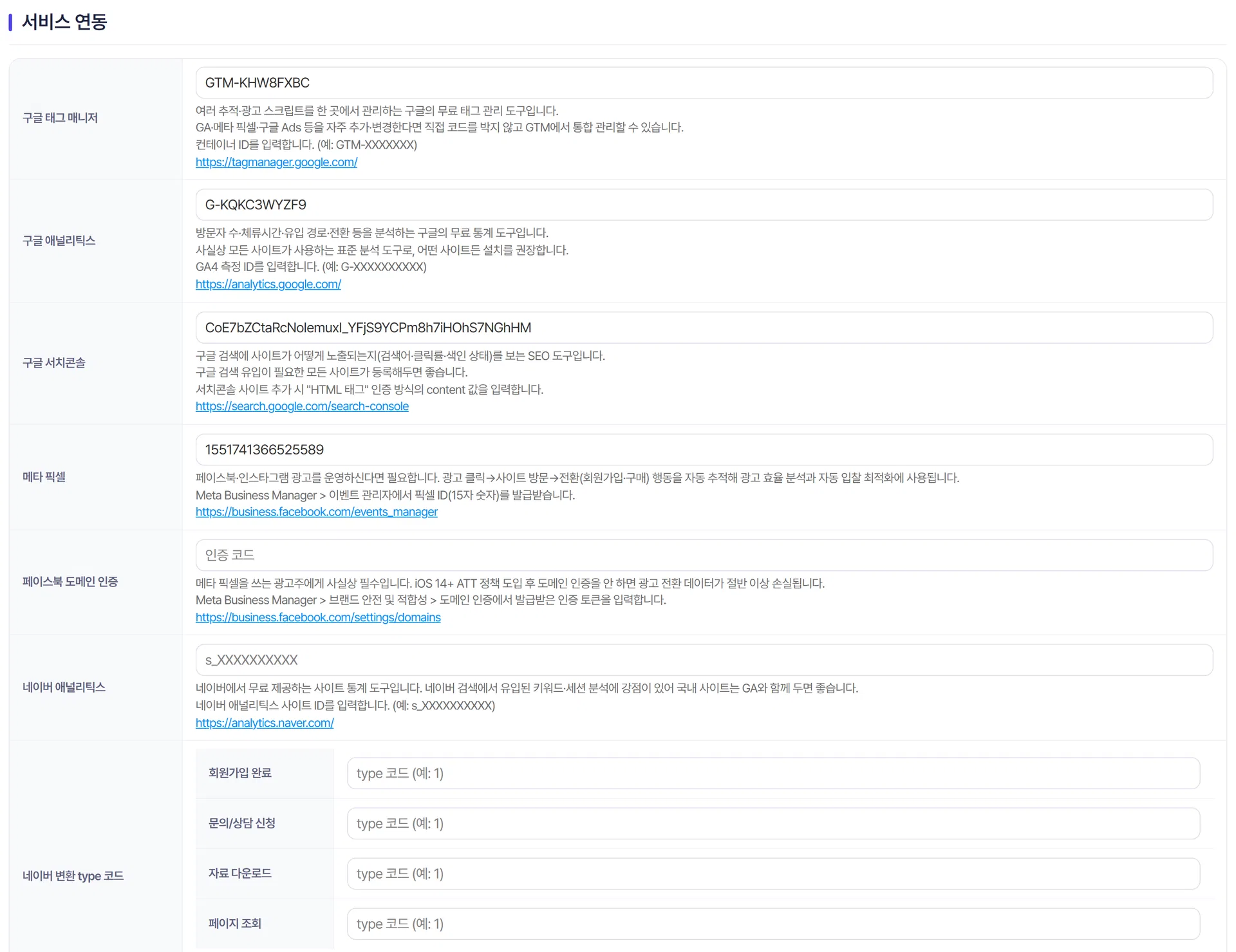추가 설정의 구글 태그 매니저 입력칸